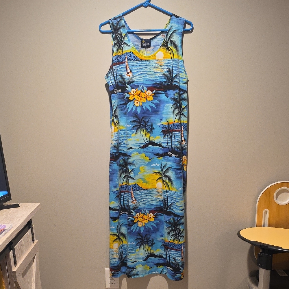 L Tropical Blue Sleeveless Maxi Dress/Swim Coverup